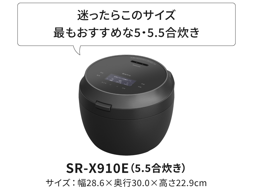 迷ったらこのサイズ,最もおすすめな5・5.5合炊きモデル,SR-X910E（5.5合炊き）,サイズ：幅28.6×奥行30.0×高さ22.9cm