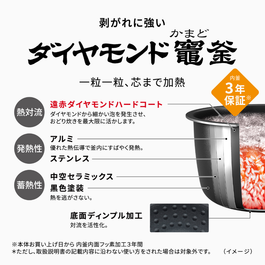 はがれに強いダイヤモンド竈（かまど）釜。内釜3年保証※