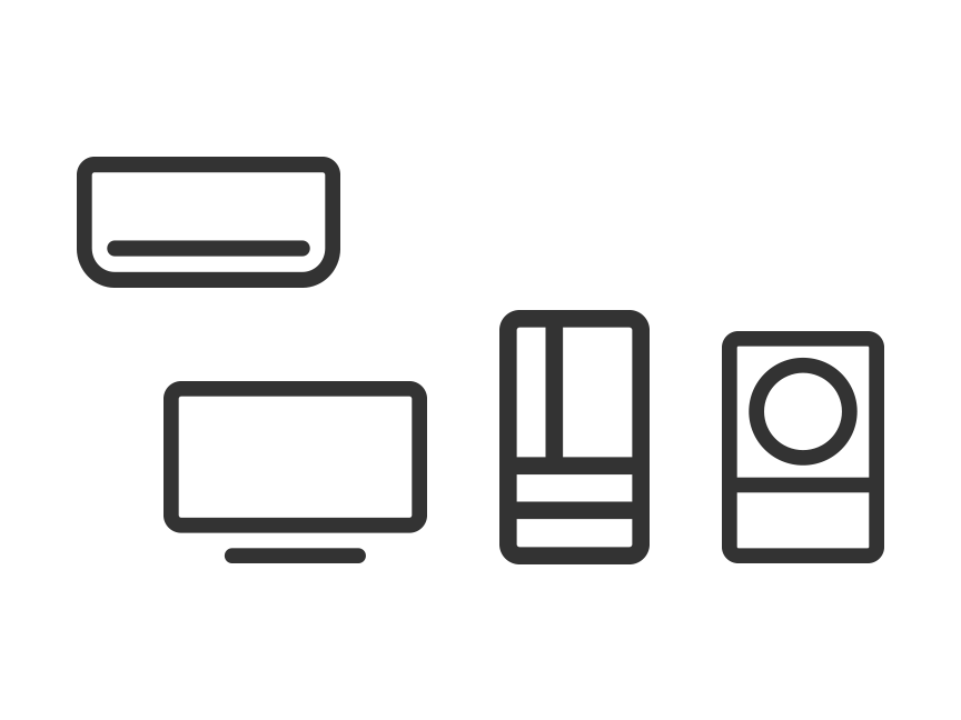 家庭用のエアコン、ブラウン管式テレビ、液晶式・プラズマ式テレビ、冷蔵庫、洗濯機のイラスト