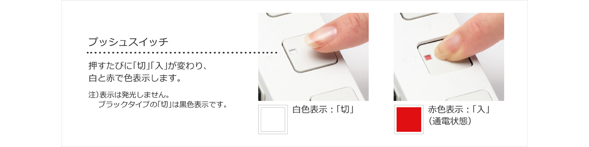 プッシュスイッチ　押すたびに「切」「入」が変わり、白と赤で色表示します。