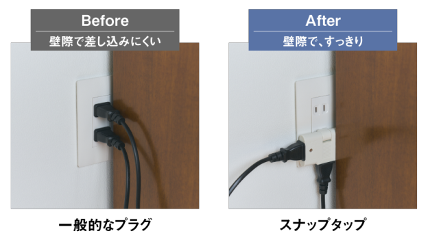 一般的なプラグ（Before｜壁際で差し込みにくい）→スナップタップ（After｜壁際で、すっきり）