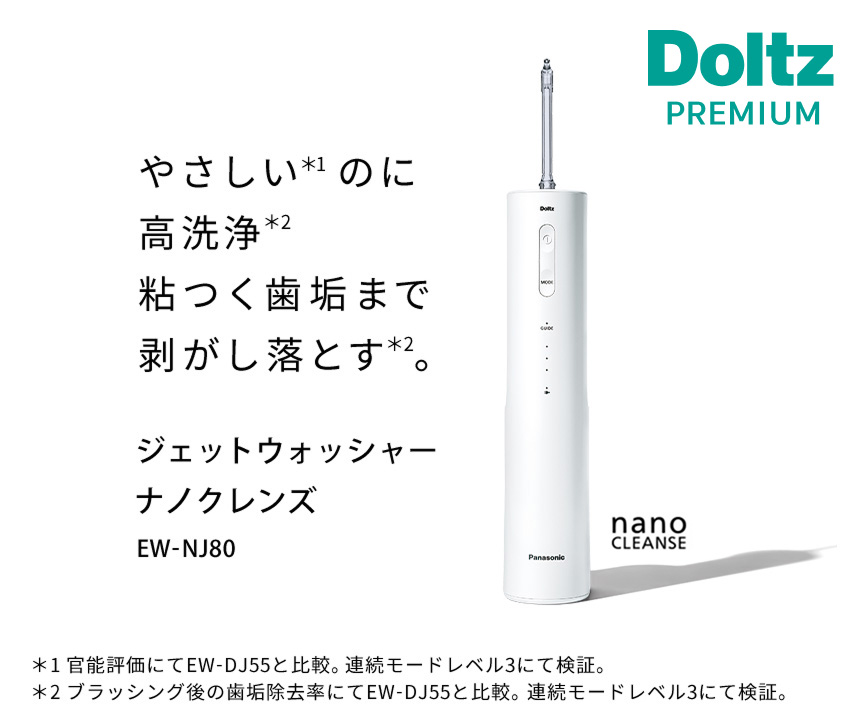 やさしい※1のに高洗浄※2粘つく歯垢まで剥がし落とす※2。ジェットウォッシャー ナノクレンズ EW-NJ80 nano CLEANSE ※1官能評価にてEW-DJ55と比較。連続モードレベル3にて検証。高圧モードレベル3にて測定。※2ブラッシング後の歯垢除去率にてEW-DJ55と比較。連続モードレベル3にて検証。