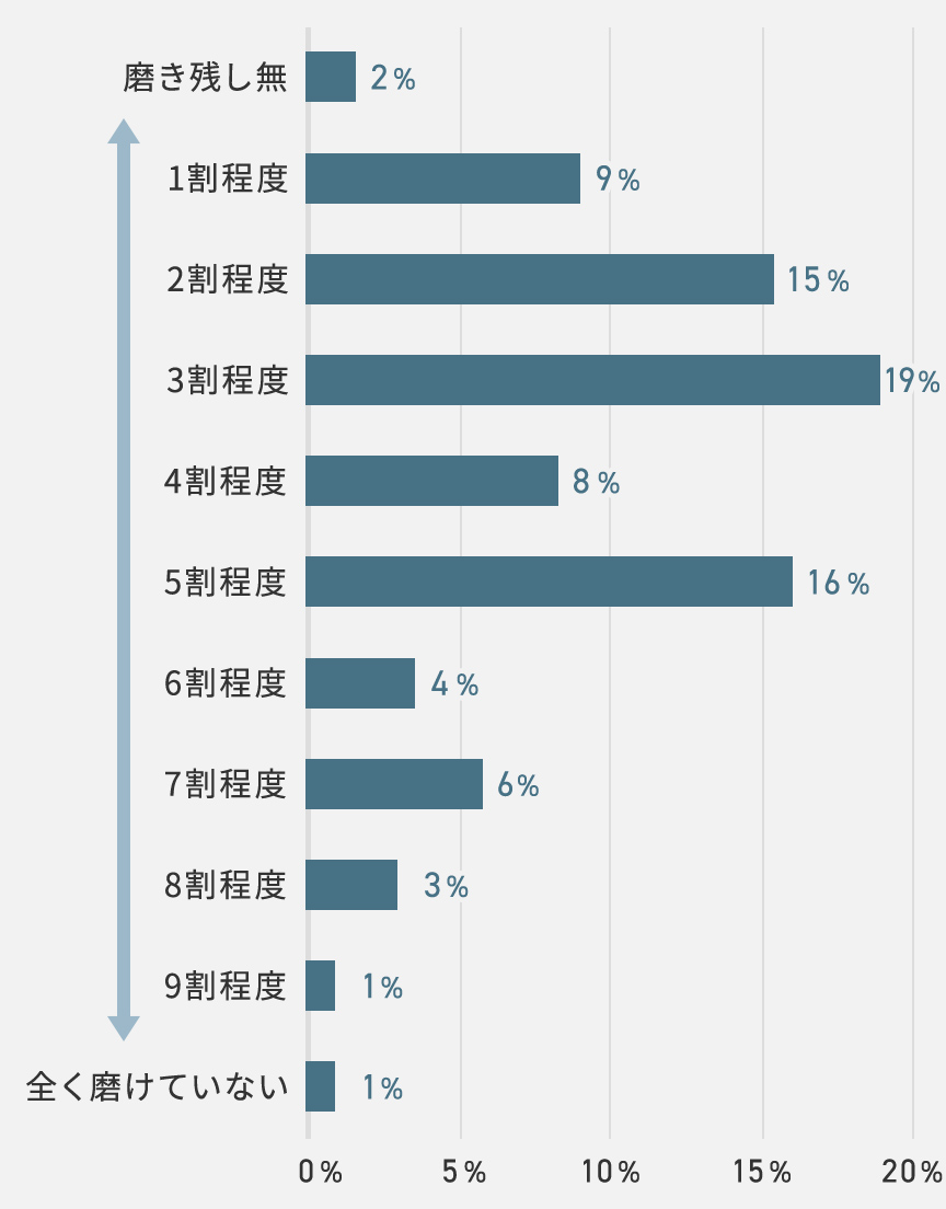 磨き残し無2％、1割程度9％、2割程度15％、3割程度19%、4割程度8%、5割程度16%、6割程度4%、7割程度6%、8割程度3%、9割程度1%、全く磨けていない1%