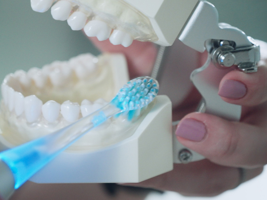 写真：歯列模型にドルツプレミアムW音波振動ハブラシをあてている様子