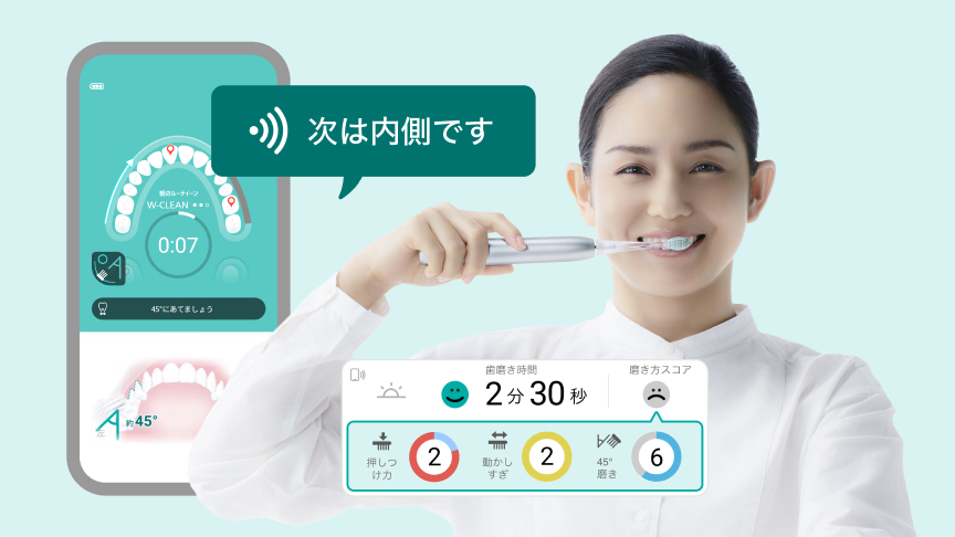 ブラッシングナビモニターを見ながら歯磨きをするイメージ
