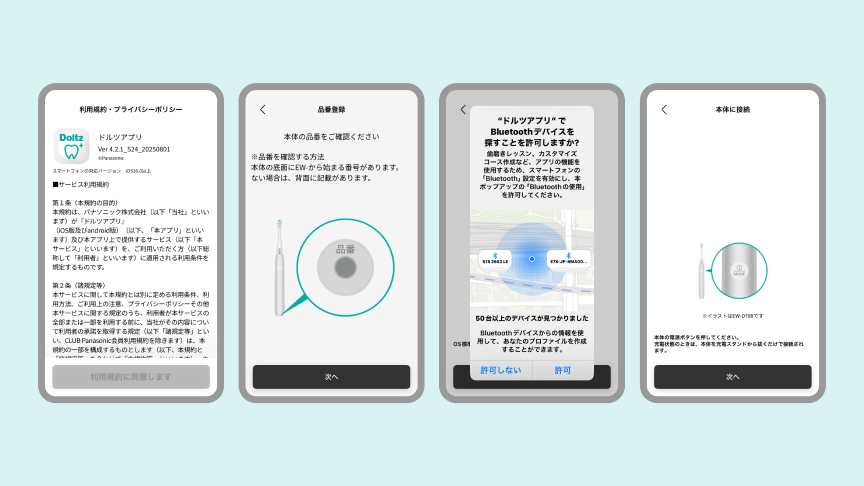 ドルツアプリのセットアップ手順を示す4画面