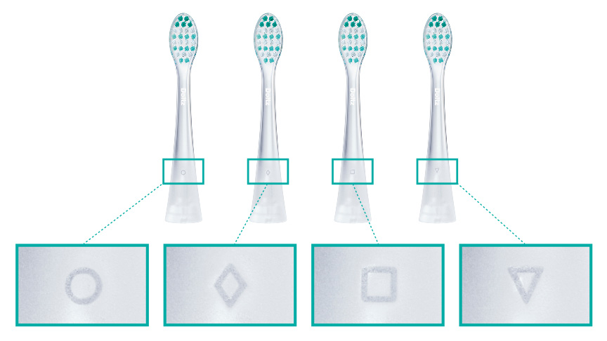 4本の電動歯ブラシヘッドが並んでおり、それぞれのネック部分に異なる記号（○・◇・□・▽）が付いている。