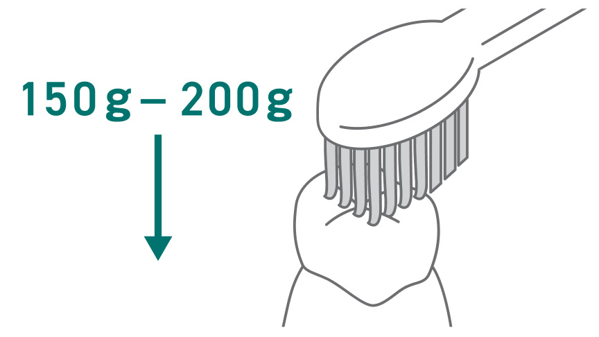 歯ブラシが150g-200gの圧力で歯の表面を磨く様子を示す図。