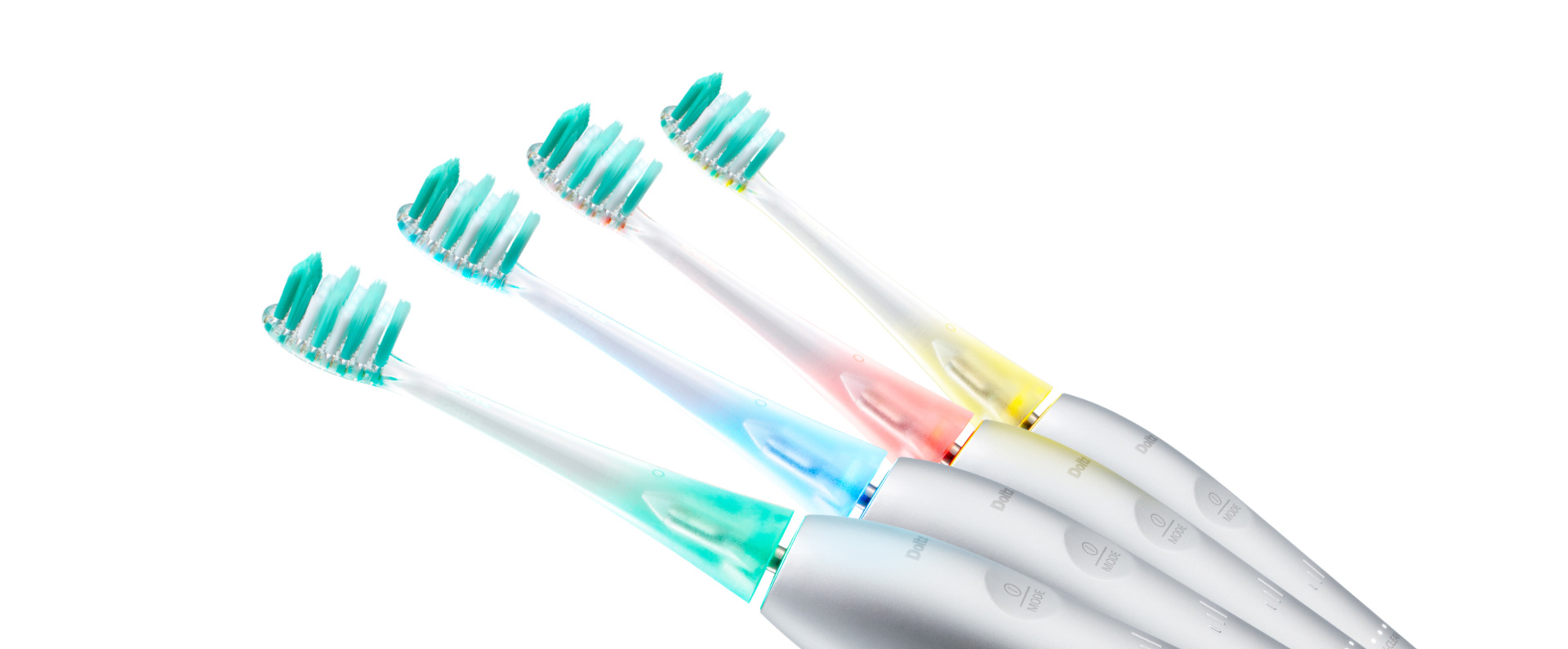 銀色のハンドルと緑・白の毛を持つ電動歯ブラシが4本並んでおり、それぞれネック部分の色が異なる（緑・青・ピンク・黄）。