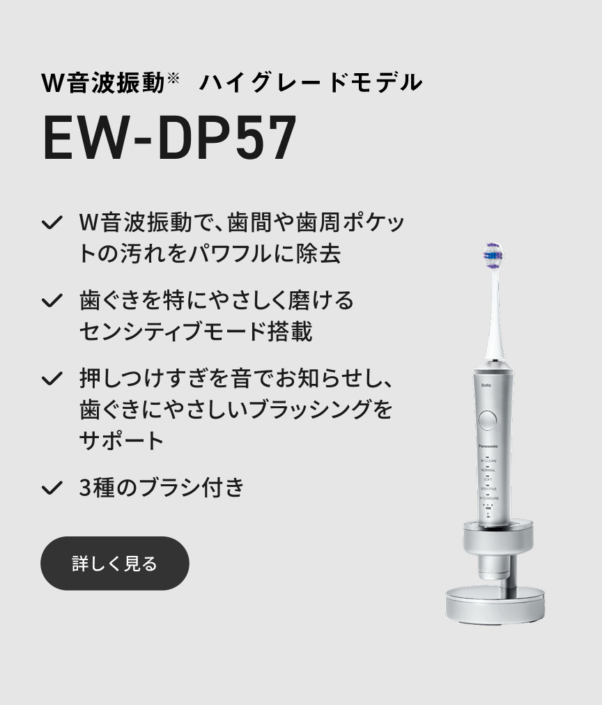 W音波振動※ ハイグレードモデル EW-DP57 W音波振動で、歯間や歯周ポケットの汚れをパワフルに除去 歯ぐきを特にやさしく磨けるセンシティブモード搭載 押しつけすぎを音でお知らせし、歯ぐきにやさしいブラッシングをサポート 3種のブラシ付き 詳しく見る