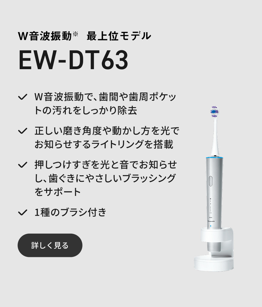 W音波振動※ 最上位モデル EW-DT63  W音波振動で、歯間や歯周ポケットの汚れをしっかり除去 正しい磨き角度や動かし方を光でお知らせするライトリングを搭載 押しつけすぎを光と音でお知らせし、歯ぐきにやさしいブラッシングをサポート 1種のブラシ付き 詳しく見る