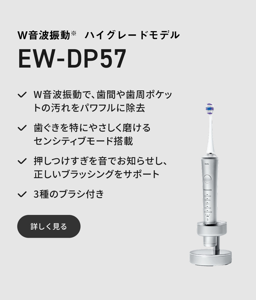 W音波振動※ ハイグレードモデル EW-DP57 W音波振動で、歯間や歯周ポケットの汚れをパワフルに除去 歯ぐきを特にやさしく磨けるセンシティブモード搭載 押しつけすぎを音でお知らせし、正しいブラッシングをサポート 3種のブラシ付き 詳しく見る