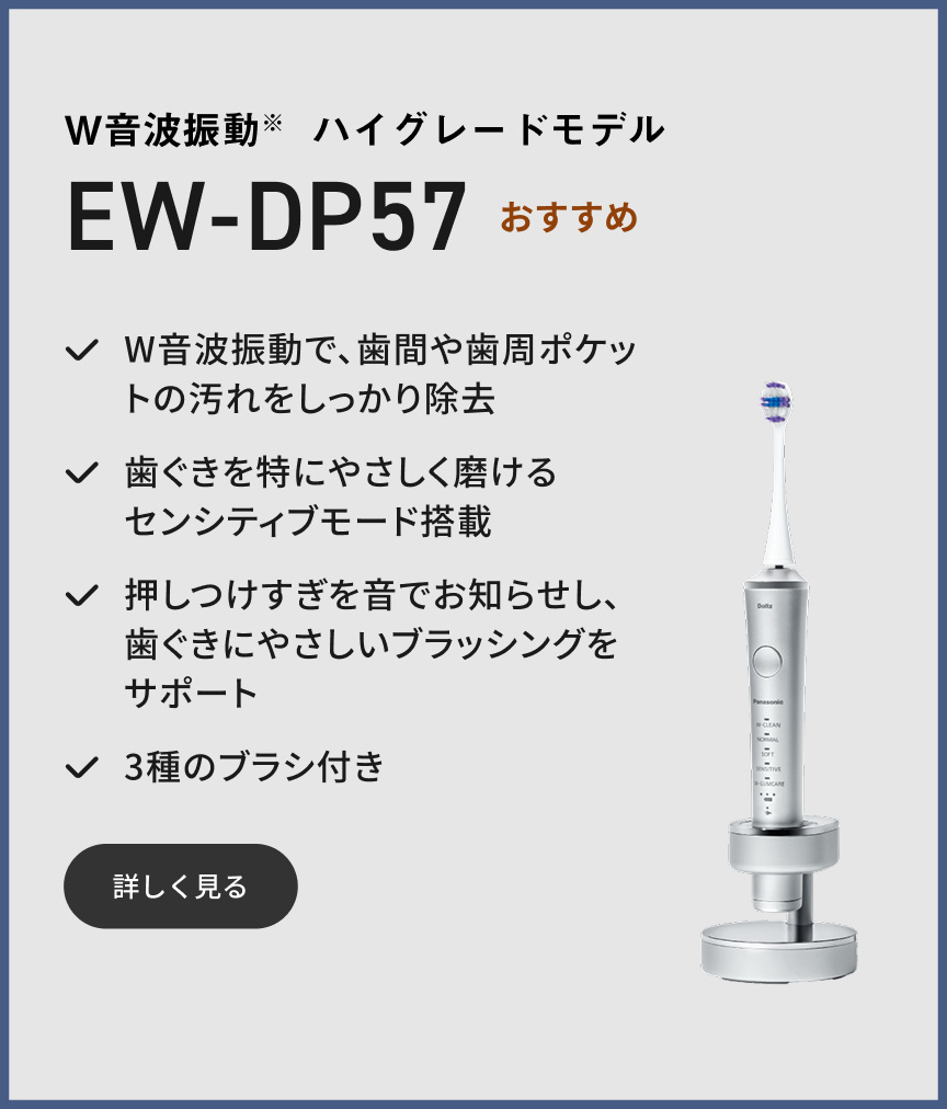W音波振動※ ハイグレードモデル EW-DP57 おすすめ W音波振動で、歯間や歯周ポケットの汚れをしっかり除去 歯ぐきを特にやさしく磨けるセンシティブモード搭載 押しつけすぎを音でお知らせし、歯ぐきにやさしいブラッシングをサポート 3種のブラシ付き 詳しく見る