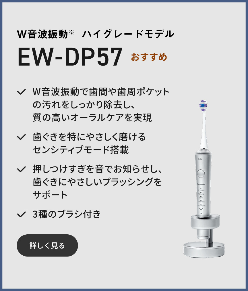 W音波振動※ ハイグレードモデル EW-DP57 おすすめ W音波振動で歯間や歯周ポケットの汚れをしっかり除去し、質の高いオーラルケアを実現 歯ぐきを特にやさしく磨けるセンシティブモード搭載 押しつけすぎを音でお知らせし、歯ぐきにやさしいブラッシングをサポート 3種のブラシ付き 詳しく見る