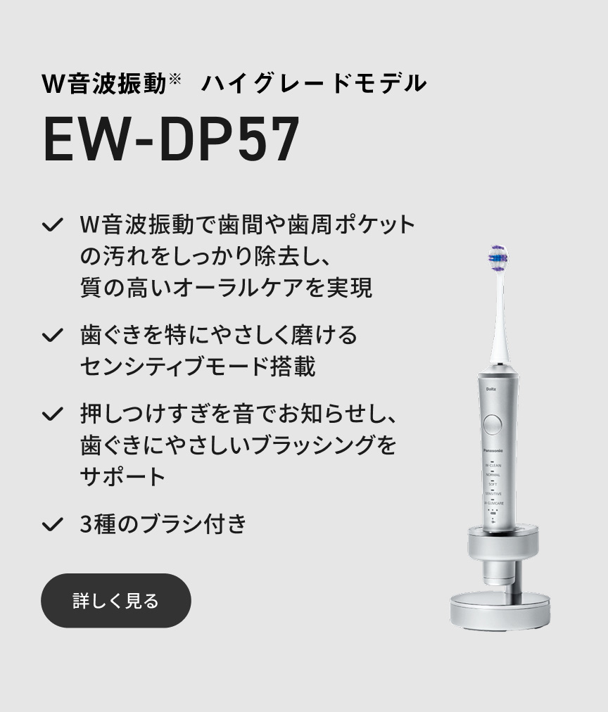 W音波振動※ ハイグレードモデル EW-DP57 W音波振動で歯間や歯周ポケットの汚れをしっかり除去し、質の高いオーラルケアを実現 歯ぐきを特にやさしく磨けるセンシティブモード搭載 押しつけすぎを音でお知らせし、歯ぐきにやさしいブラッシングをサポート 3種のブラシ付き 詳しく見る