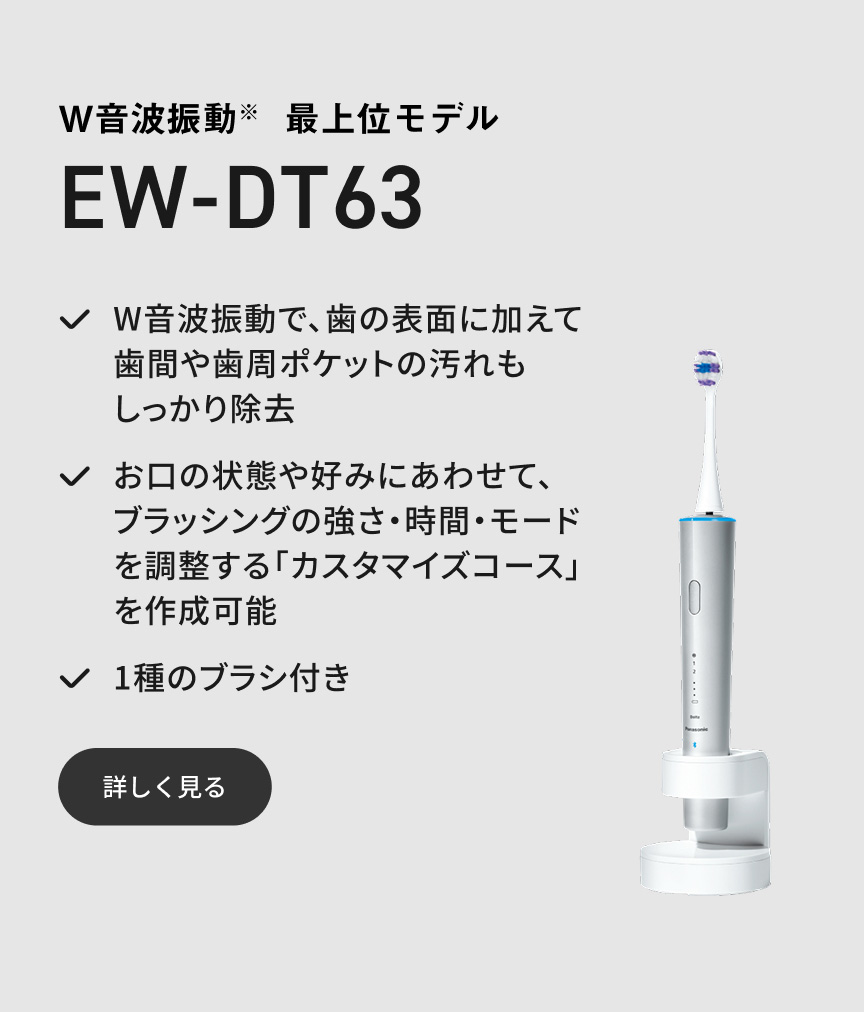 W音波振動※ 最上位モデル EW-DT63 W音波振動で、歯の表面に加えて歯間や歯周ポケットの汚れもしっかり除去 お口の状態や好みにあわせて、ブラッシングの強さ・時間・モードを調整する「カスタマイズコース」を作成可能 1種のブラシ付き 詳しく見る