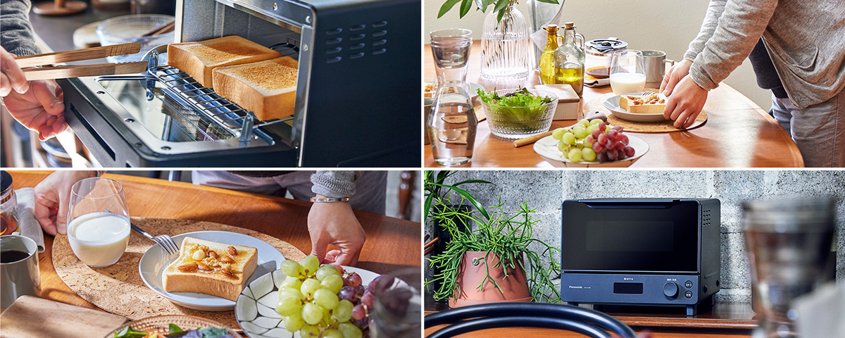 写真：オーブントースタービストロ使用イメージ（左上）、食卓（右上）、食卓（左下）、オーブントースタービストロ（左下）