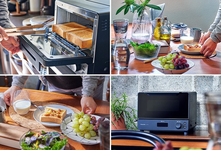 写真：オーブントースタービストロ使用イメージ（左上）、食卓（右上）、食卓（左下）、オーブントースタービストロ（左下）