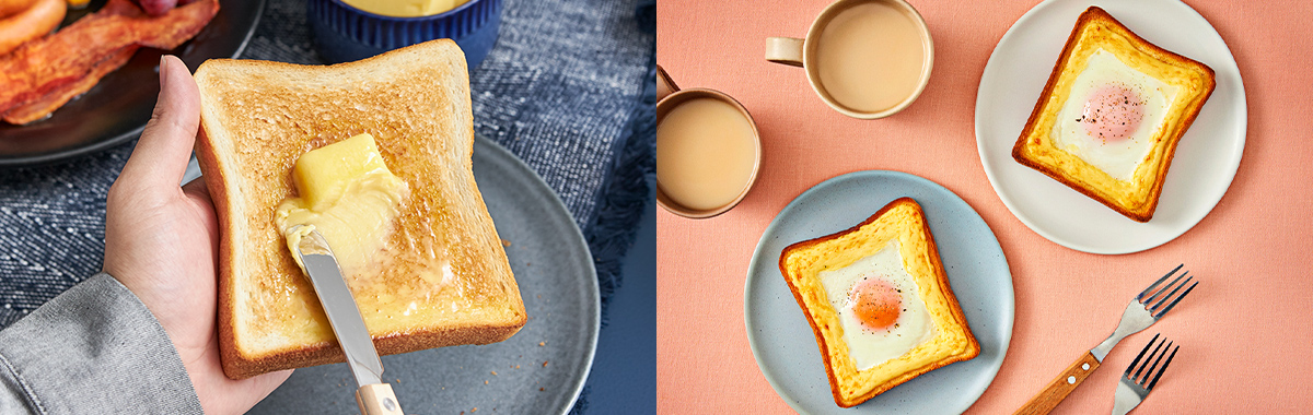 写真：バターを載せたトースト、目玉焼きが載ったトースト
