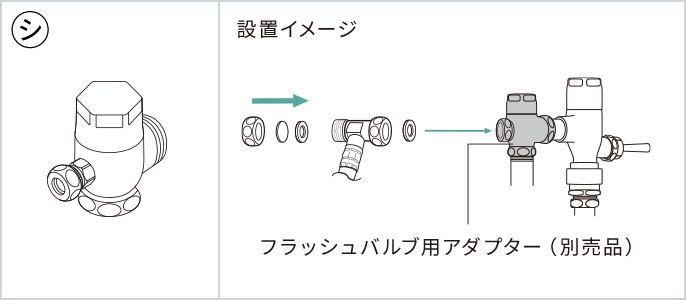 ㋛ 左側図：TOTO用節水形フラッシュバルブ用アダプター AD-TH347-1RA 右側図：設置イメージ フラッシュバブル用アダプター（別売品）