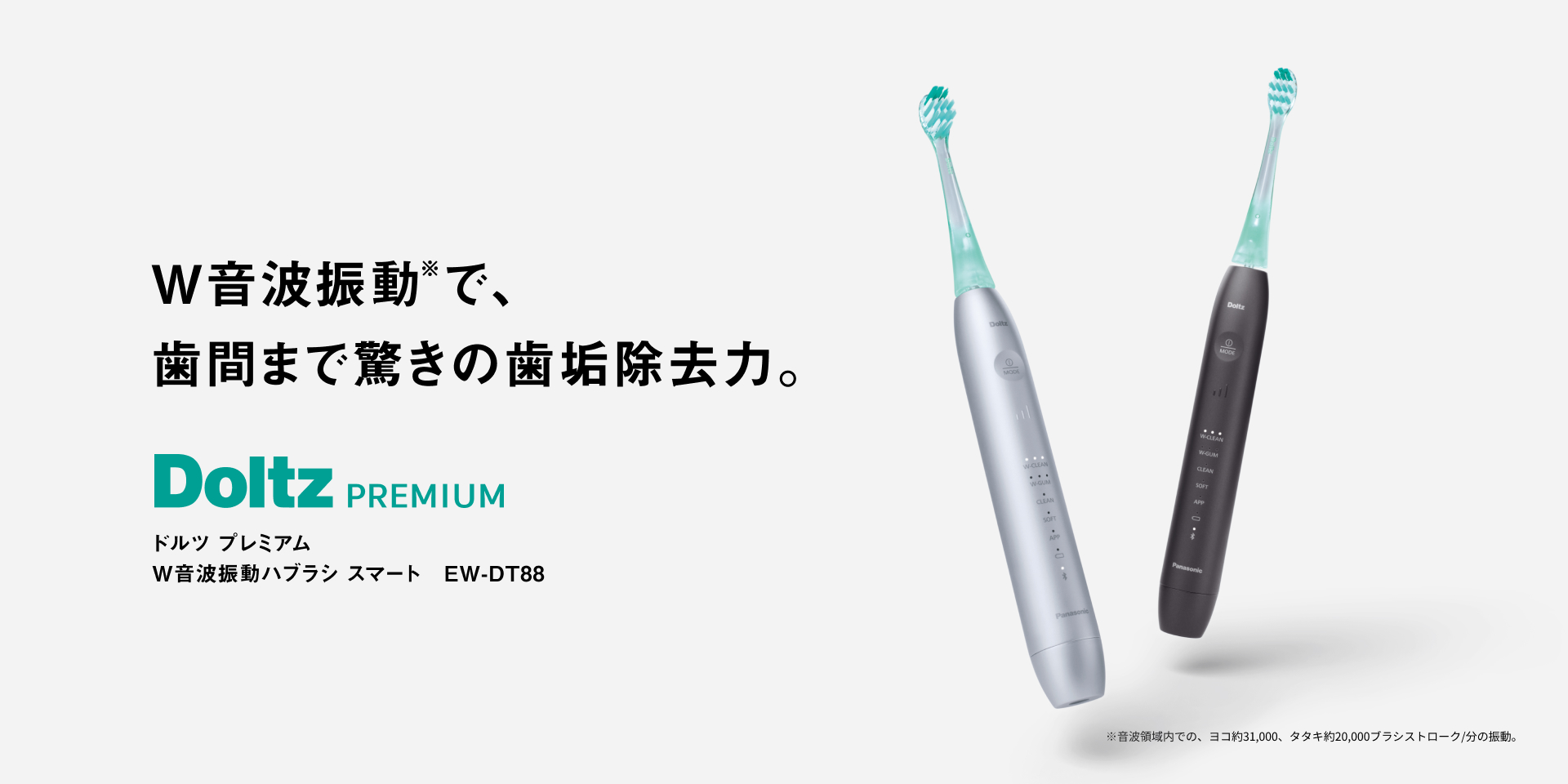 W音波振動※で、 歯間まで驚きの歯垢除去力。 Doltz  PREMIUM  ドルツ プレミアム W音波振動ハブラシ スマート EW-DT88   ※音波領域内での、ヨコ約31,000、タタキ約20,000ブラシストローク/分の振動。