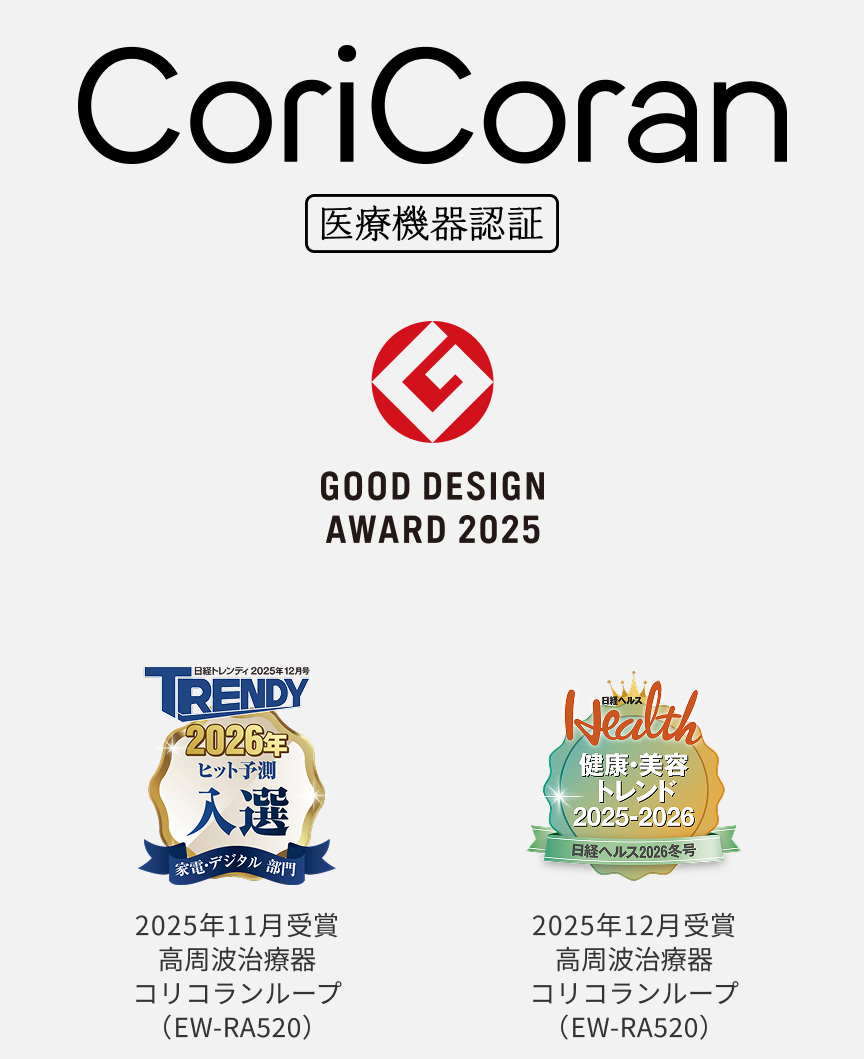 CoriCoran 医療機器認証 GOOD DESIGN AWARD 2025 TRENDY 2026年ヒット予測 入選 2025年12月号掲載 肩コリ治療器 コリコラン本体（EW-RA520）／Health 健康・美容 トレンド大賞 2025-2026 2025年12月号掲載 肩コリ治療器 コリコラン本体（EW-RA520）