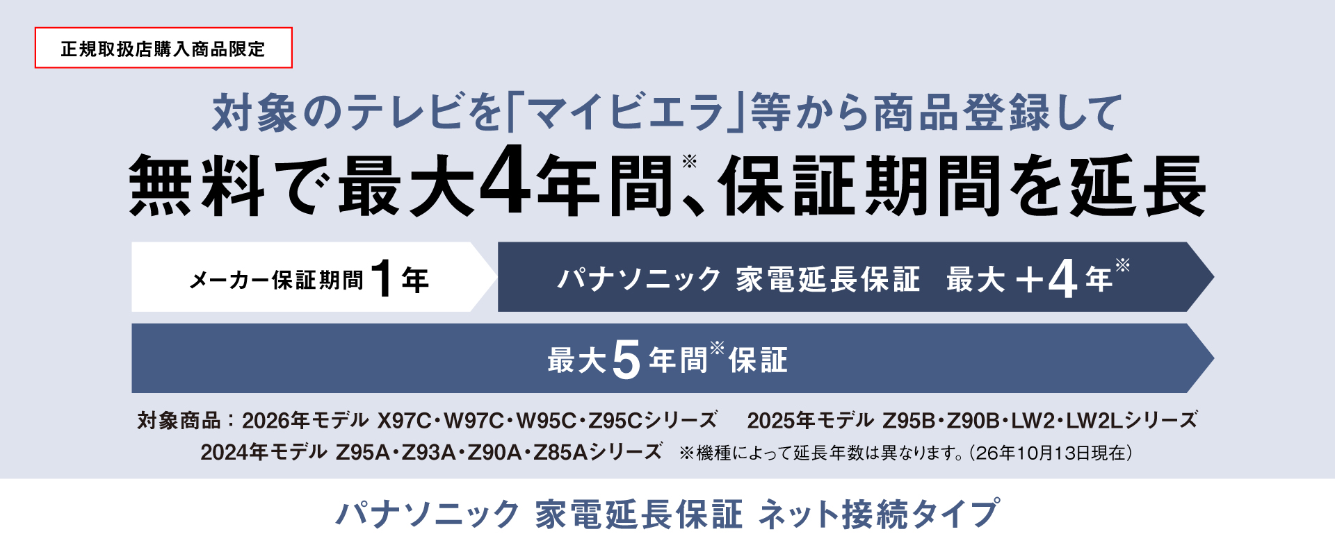 正規取扱店購入商品限定：対象のテレビを「マイビエラ」等から商品登録して無料で最大4年間(※)、保証期間を延長　パナソニック 家電延長保証 ネット接続タイプ　※機種によって延長年数は異なります。（26年10月13日現在）