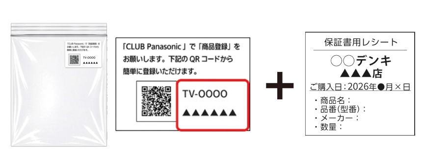 品番・製造番号が記載されているシール＋販売店発行の保証書貼付用レシート