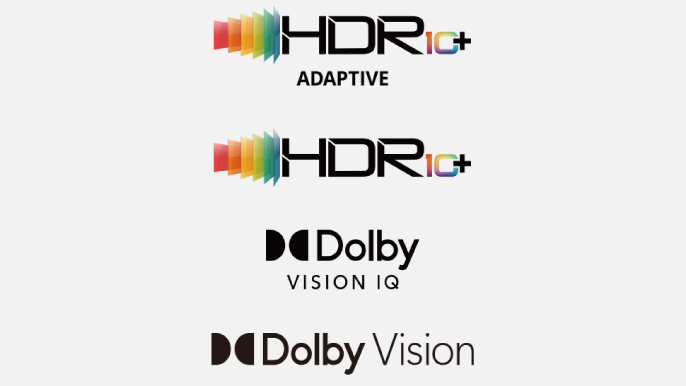 「HDR10+ ADAPTIVE」「HDR10+」「ドルビービジョンIQ」「ドルビービジョン」の高画質認証を取得