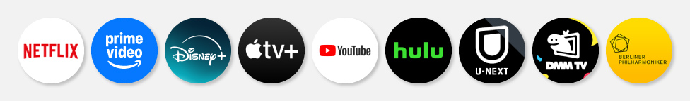 Neflix、prime video、Disney+、appleTV+、YouTube、Hulu、U-NEXT、dTV、DMM TV、ベルリン・フィルハーモニー