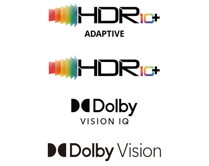「HDR10+ ADAPTIVE」「HDR10+」「ドルビービジョンIQ」「ドルビービジョン」の高画質認証を取得