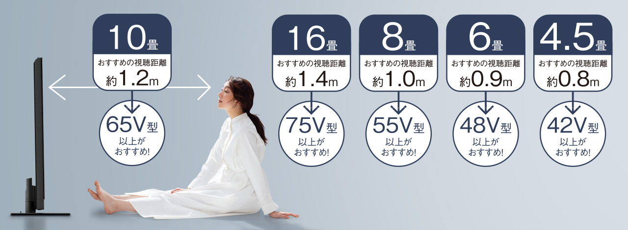お部屋の広さと、おすすめの画面サイズ（視聴距離目安）