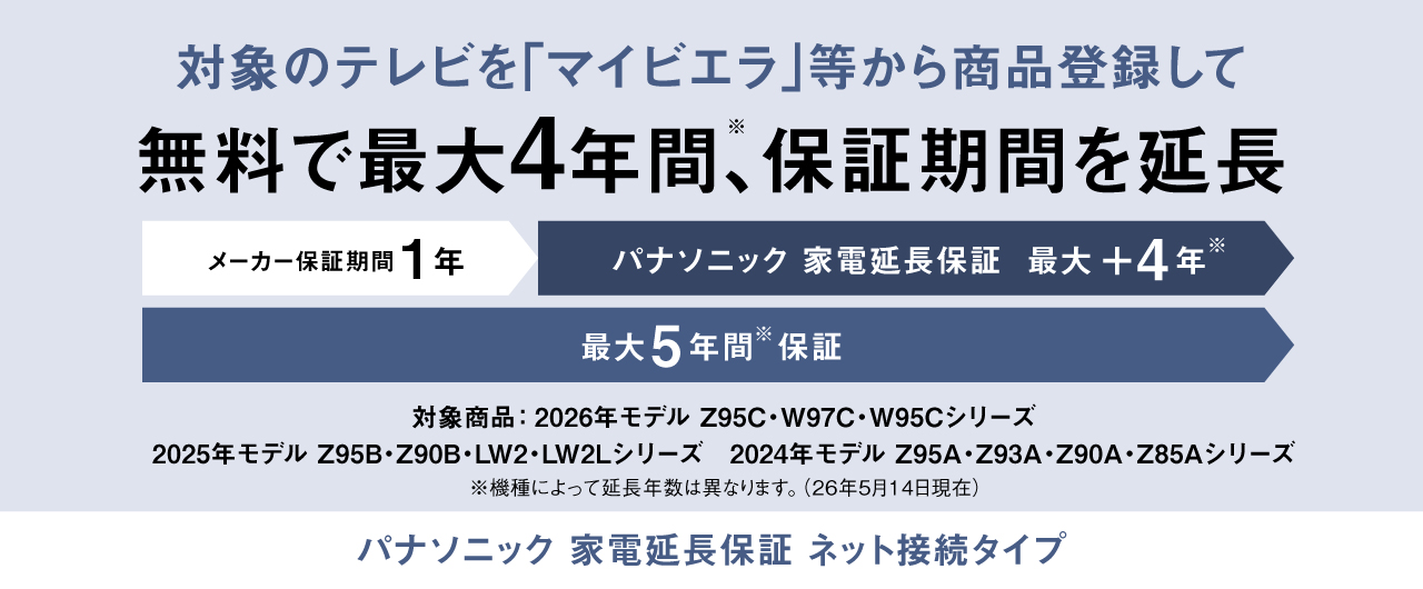 対象のテレビを「マイビエラ」等から商品登録して無料で最大4年間(※)、保証期間を延長　パナソニック 家電延長保証 ネット接続タイプ　※機種によって延長年数は異なります。（26年5月14日現在）