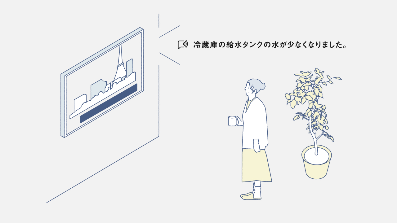 音声プッシュ通知例：冷蔵庫の給水タンクが少なくなりました。