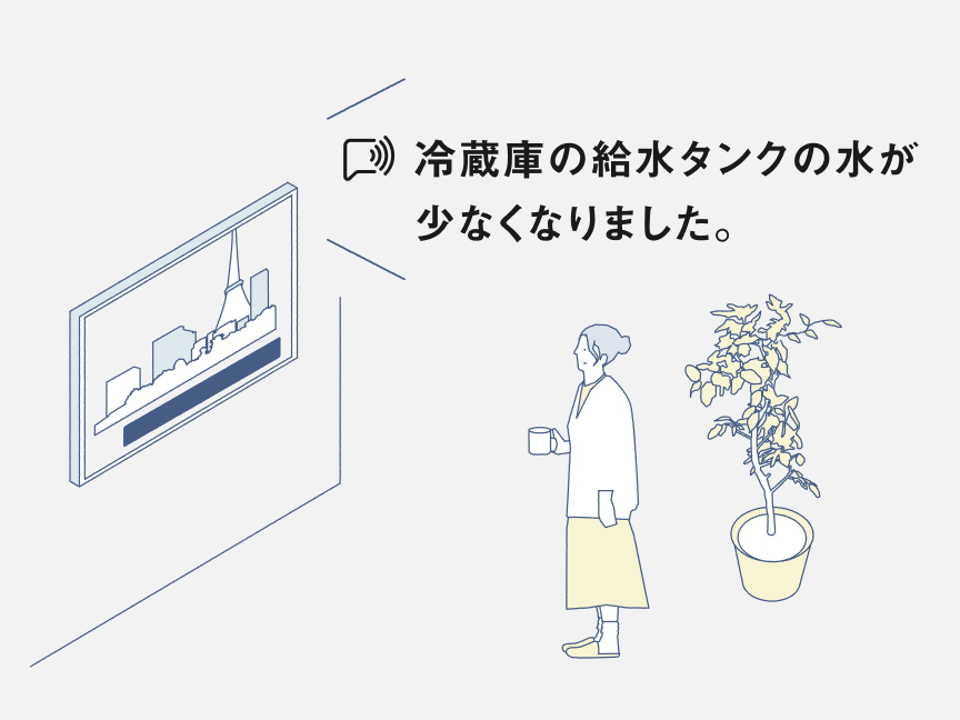 音声プッシュ通知例：冷蔵庫の給水タンクが少なくなりました。