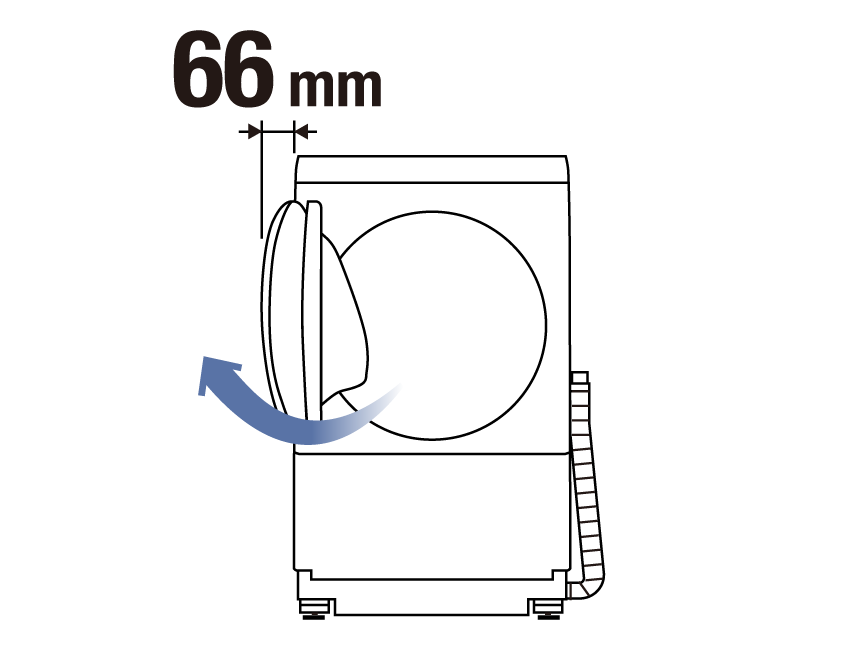 イメージ図：ドア左開き,ドア開け時の側面必要スペース 66 mm