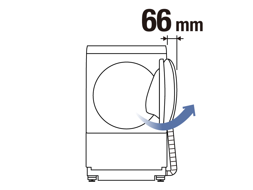 イメージ図：ドア右開き,ドア開け時の側面必要スペース 66 mm