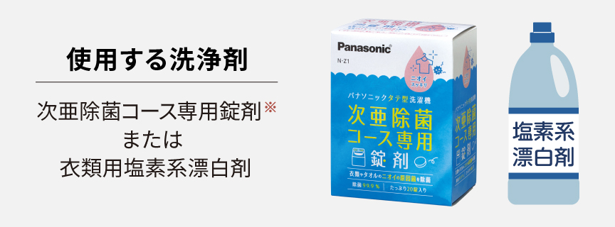 使用する洗浄剤：次亜除菌コース専用錠剤または衣類用塩素系漂白剤