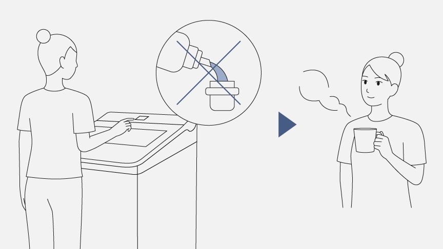 イメージ：洗剤の計量・投入は不要,女性が飲み物を飲む様子