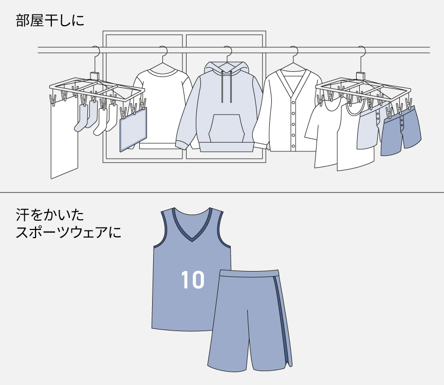 イラスト：衣類やタオルを部屋干しする様子,汗をかいたスポーツウェアに