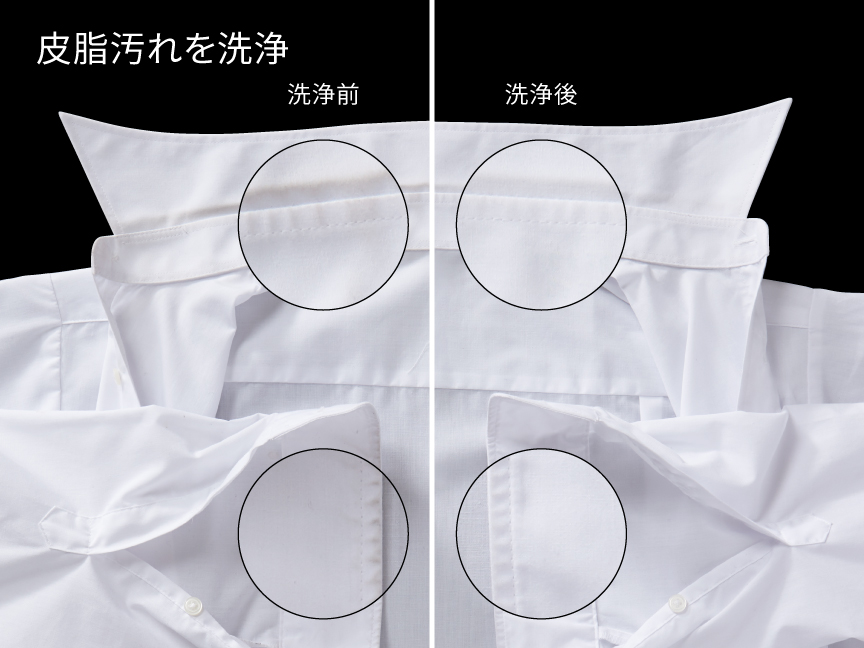 汚れのついたワイシャツの写真：皮脂汚れを洗浄,エリの皮脂汚れもスッキリ！袖口の汚れもキレイに！