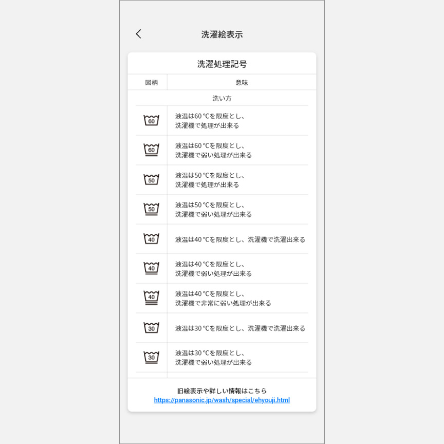 「スマホで洗濯」コース検索：洗濯絵表示の一覧表