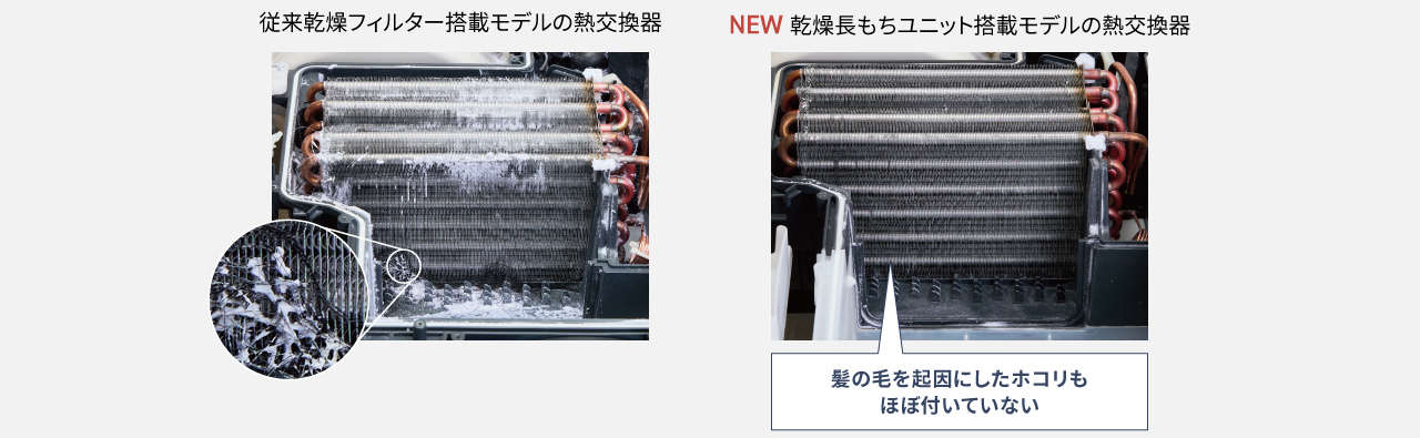 写真：従来乾燥フィルター搭載モデルの熱交換器、NEW 乾燥長もちユニット搭載モデルの熱交換器　髪の毛を起因にしたホコリもほぼ付いていない
