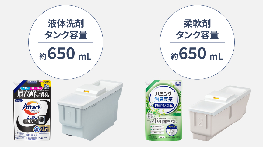 液体洗剤タンク容量：約650ml、柔軟剤タンク容量：約650ml