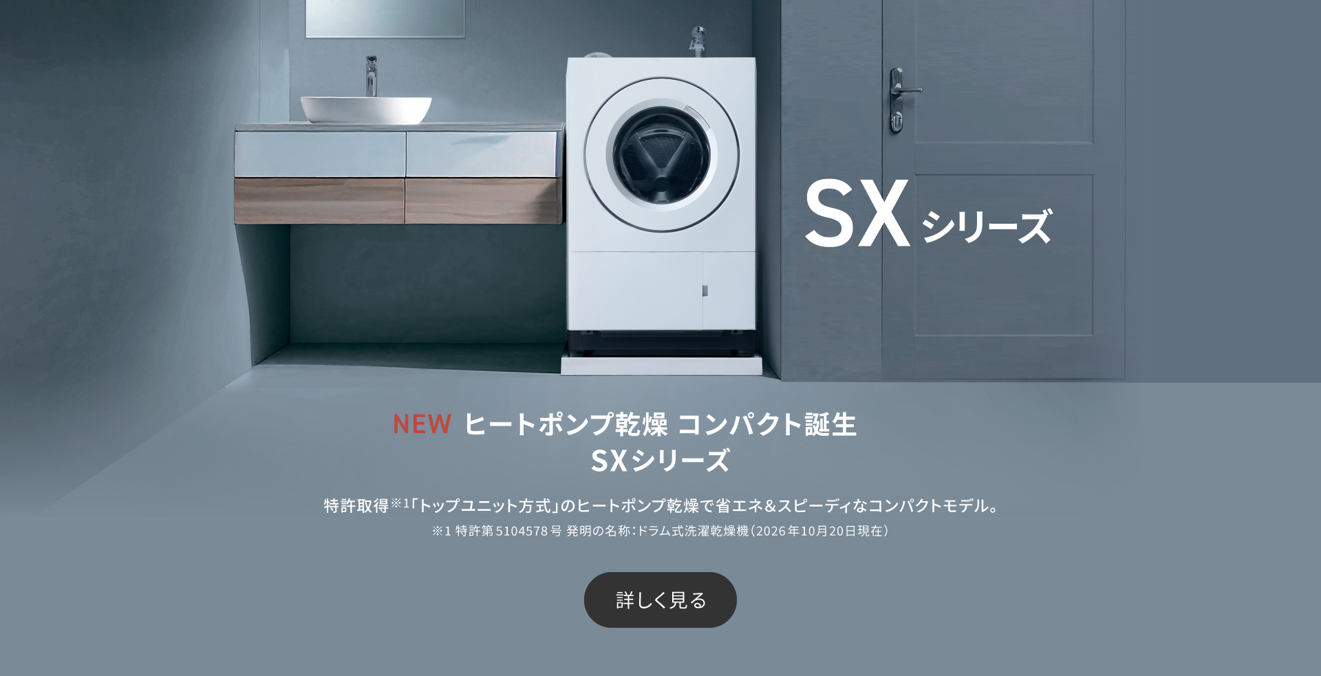 ヒートポンプ乾燥　コンパクト誕生　SXシリーズ　特許取得※1「トップユニット方式」のヒートポンプ乾燥で省エネ＆スピーディなコンパクトモデル。詳しく見る