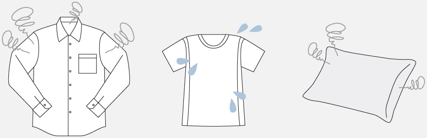 イラスト：加齢臭・皮脂臭のするワイシャツ、汗臭のするスポーツウェア、ニオイのする枕カバー　イメージ