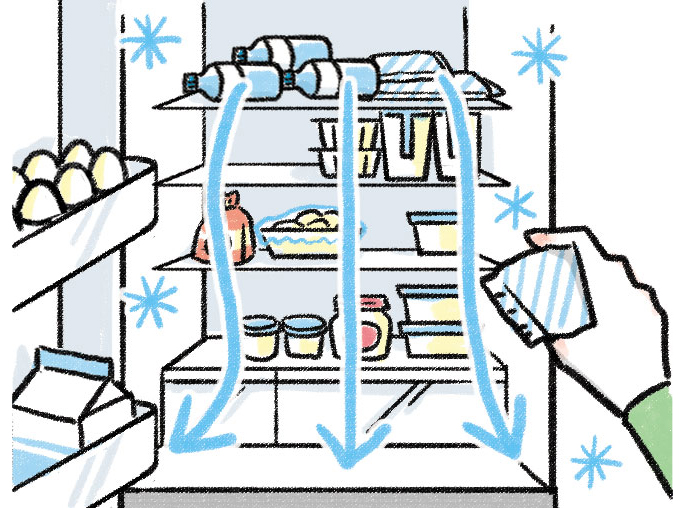 保冷剤や冷凍食品を冷蔵庫内上部に置き、冷気が上から下へ流れる様子を表現したイラスト