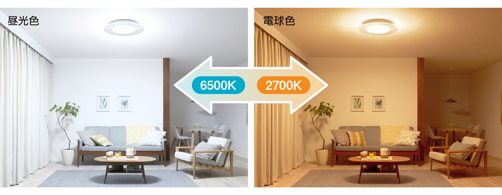 昼光色（6500K）と電球色（2700K）での部屋の印象比較写真
