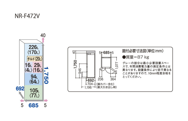 470L パナソニックトップユニット冷蔵庫 NR-F472V 寸法図 | 冷蔵庫
