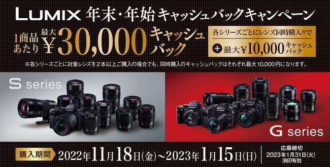 1商品で最大30,000円キャッシュバック！カメラとレンズの同時購入でさらにキャッシュバック！ミラーレス一眼カメラ LUMIX「年末・年始キャッシュバックキャンペーン」実施！